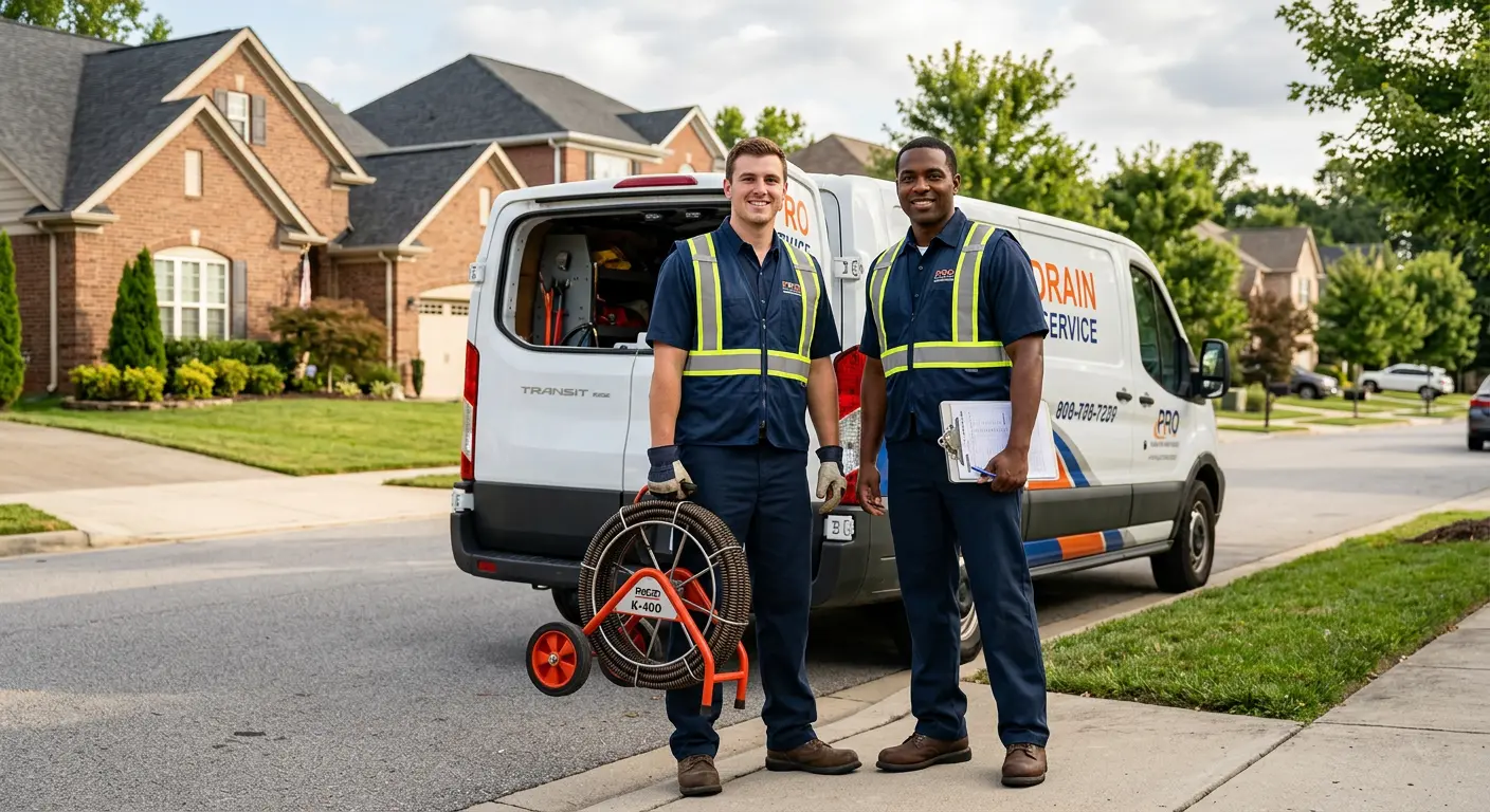 Sewer and drain service team with equipment ready for work in Cabot