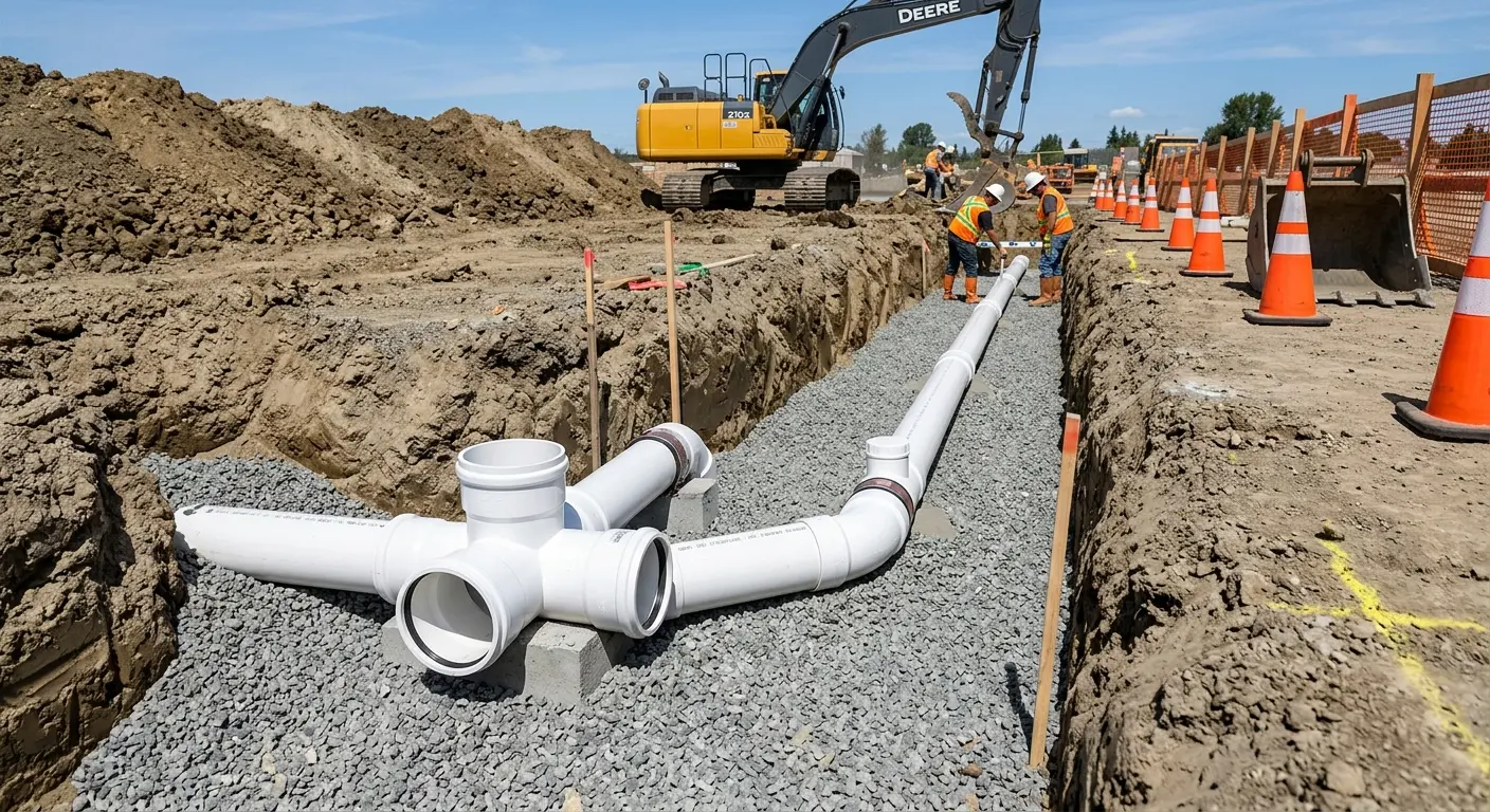 New PVC sewer pipe installation in open trench for Grease Trap Cleaning in Cabot