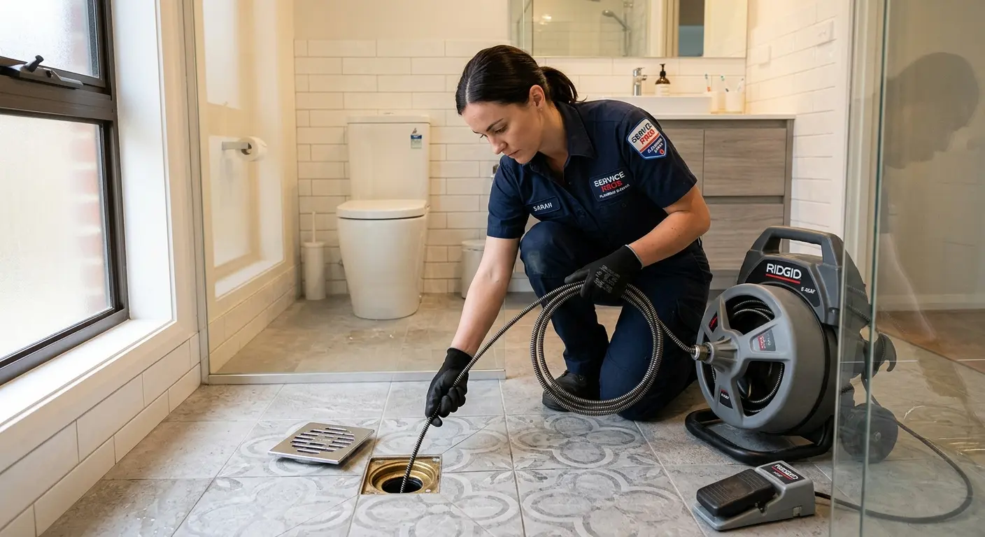 Technician clearing a bathroom floor drain for Drain Repair in Cabot